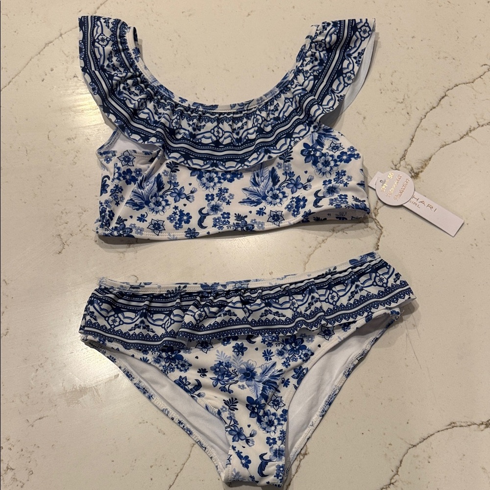 Tahari Girl Sz 10 Blue & White Floral Bikini Set UPF 50+ Ultraviolet Protection